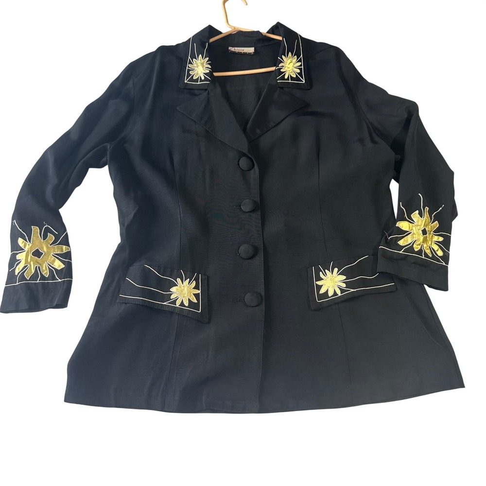 Diana Marco Vintage Black Blazer Gold Sunburst Embroidery Size 16